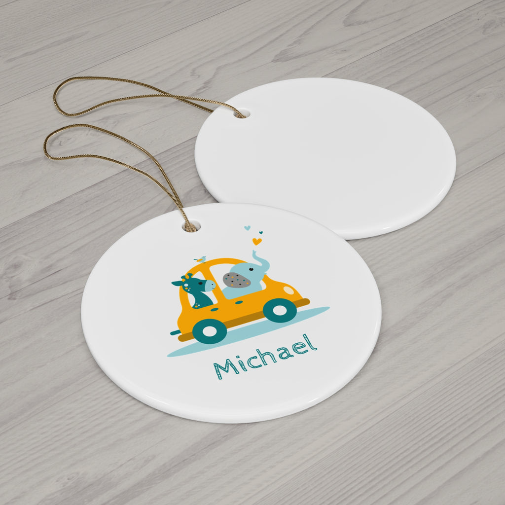 Personalized Baby Ornament — Cute Animal Car Ceramic Holiday Keepsake (Custom Name)