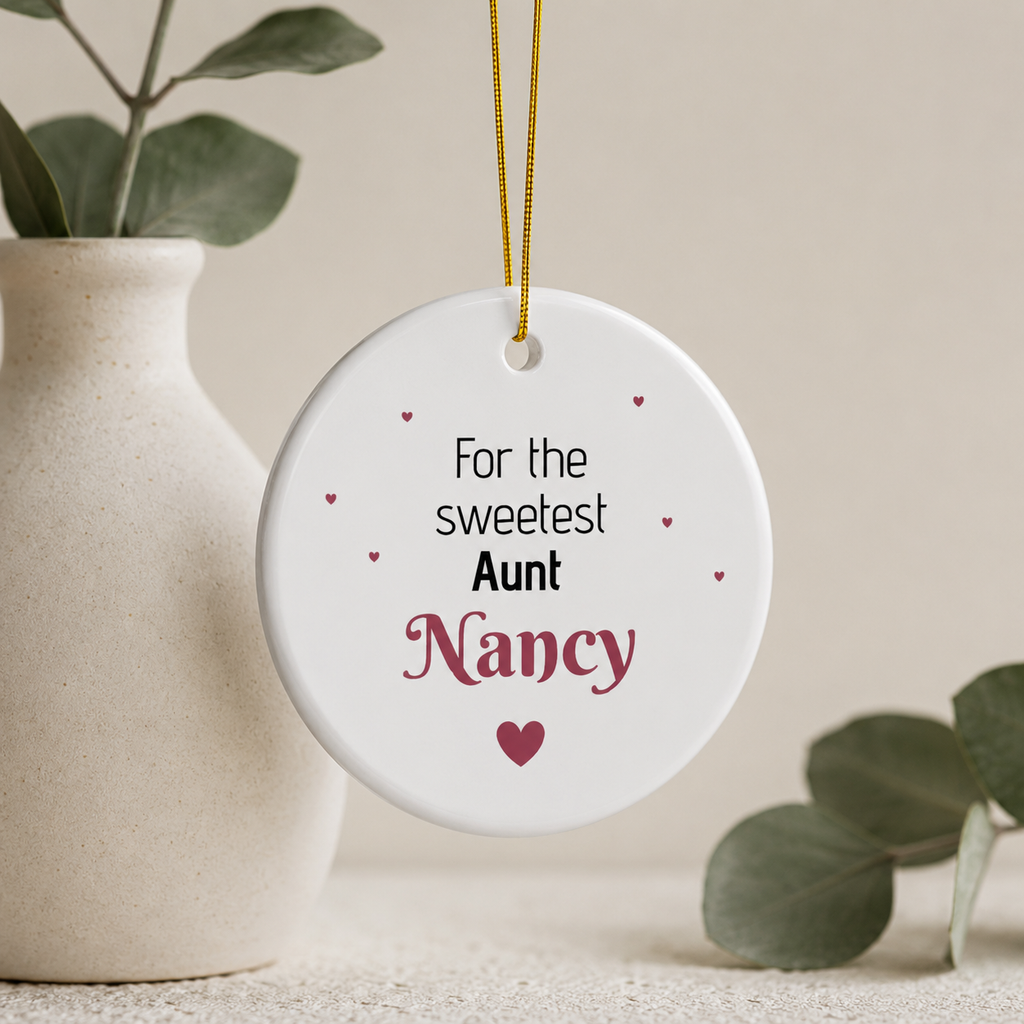 Ceramic Ornament – “For the Sweetest Aunt Nancy” Personalized Holiday Keepsake