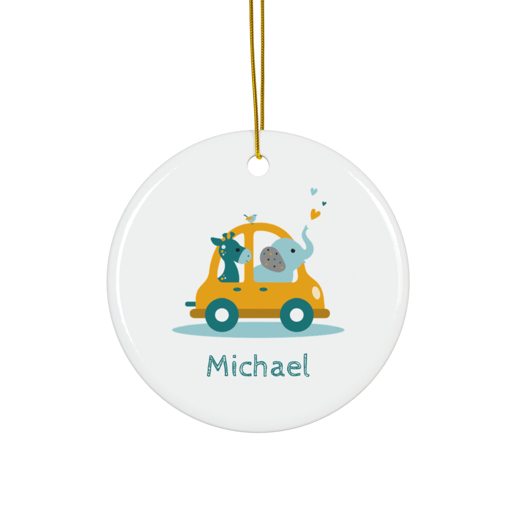 Personalized Baby Ornament — Cute Animal Car Ceramic Holiday Keepsake (Custom Name)