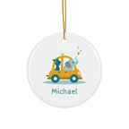 Personalized Baby Ornament — Cute Animal Car Ceramic Holiday Keepsake (Custom Name)