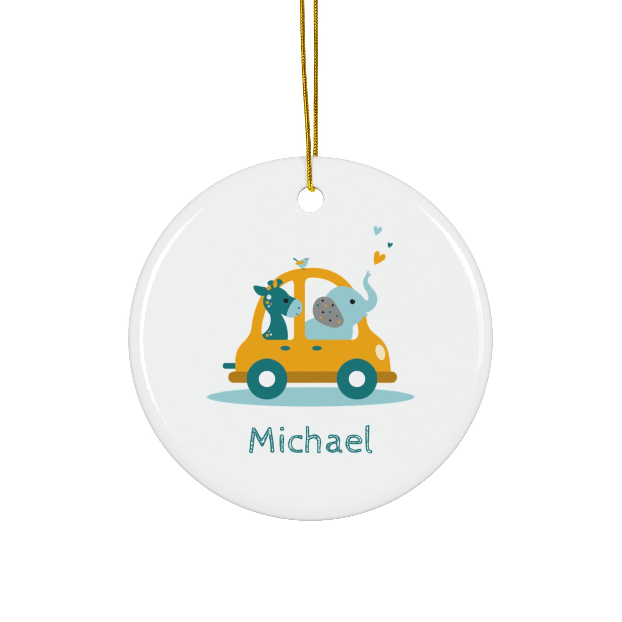 Personalized Baby Ornament — Cute Animal Car Ceramic Holiday Keepsake (Custom Name)
